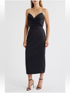 New Amsale black strapless crepe midi dress